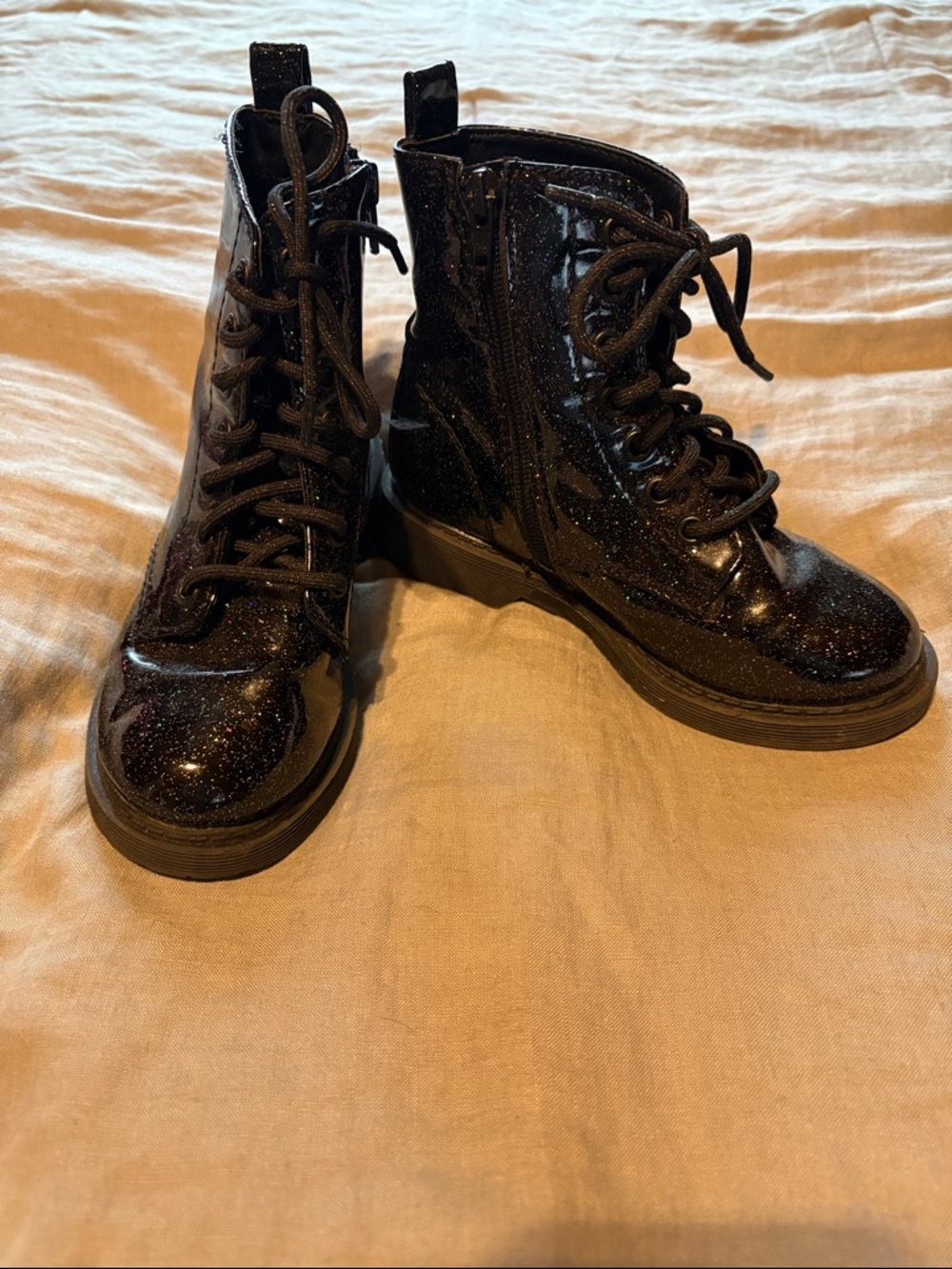 Wonder nation Black Glitter Zip & Lace Combat Boots for Kids